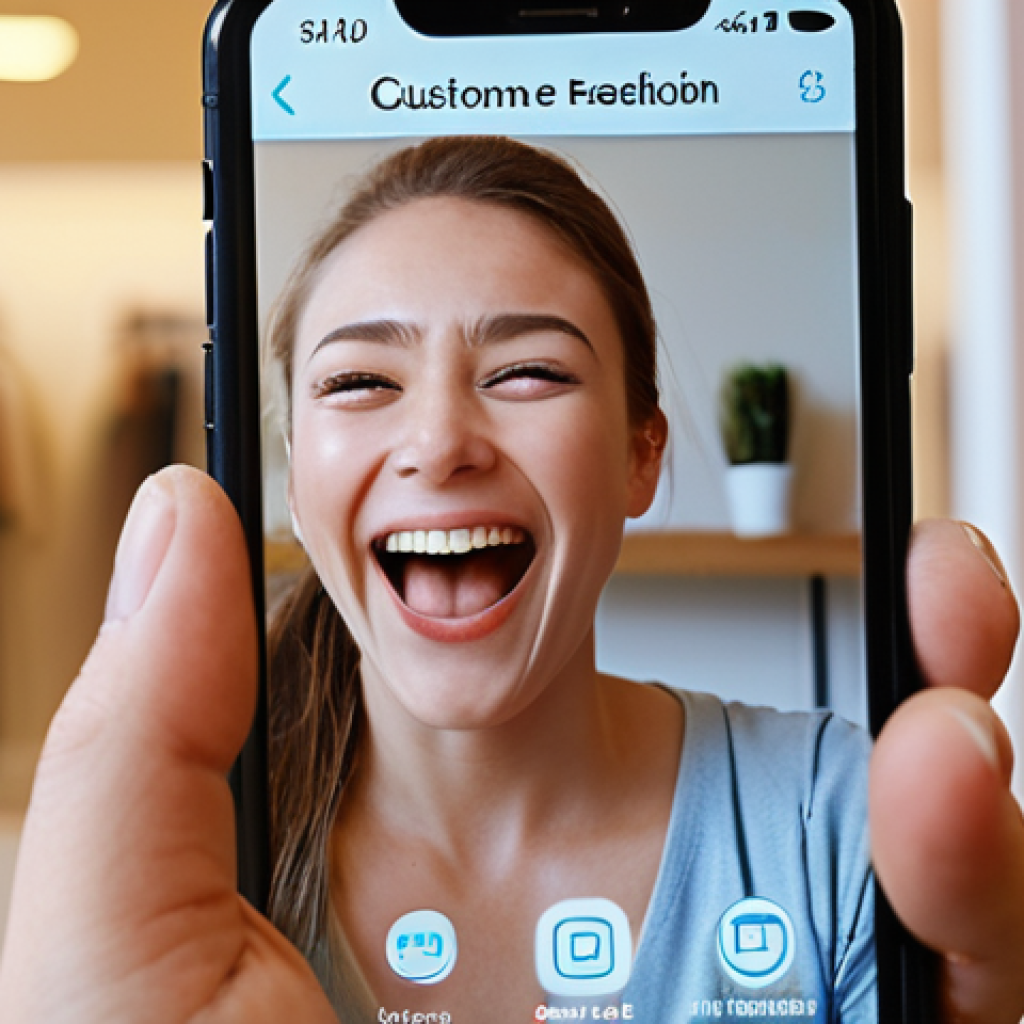 **Image:** A close-up of a customer's face, subtly lit, showing a range of positive emotions (joy, surprise, satisfaction) while interacting with a product on a smartphone screen. The background is blurred, hinting at a modern e-commerce interface. Keywords: customer emotion, smartphone, e-commerce, user experience, positive feedback.