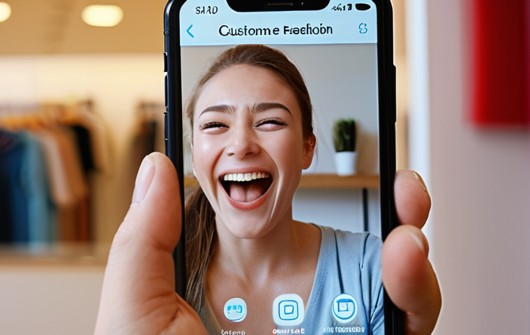 **Image:** A close-up of a customer's face, subtly lit, showing a range of positive emotions (joy, surprise, satisfaction) while interacting with a product on a smartphone screen.  The background is blurred, hinting at a modern e-commerce interface.  Keywords: customer emotion, smartphone, e-commerce, user experience, positive feedback.