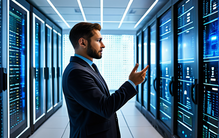 A professional data scientist, male, in a modest business suit, standing in a sleek, futuristic data center. The background features glowing servers and holographic projections of complex data visualizations and AI recommendation algorithms. He is looking at a transparent screen, interacting with digital interfaces displaying user behavior insights and personalized customer journey maps. The scene is well-lit, emphasizing innovation and precision. safe for work, appropriate content, fully clothed, professional, perfect anatomy, correct proportions, natural pose, well-formed hands, proper finger count, natural body proportions, professional photography, high quality.