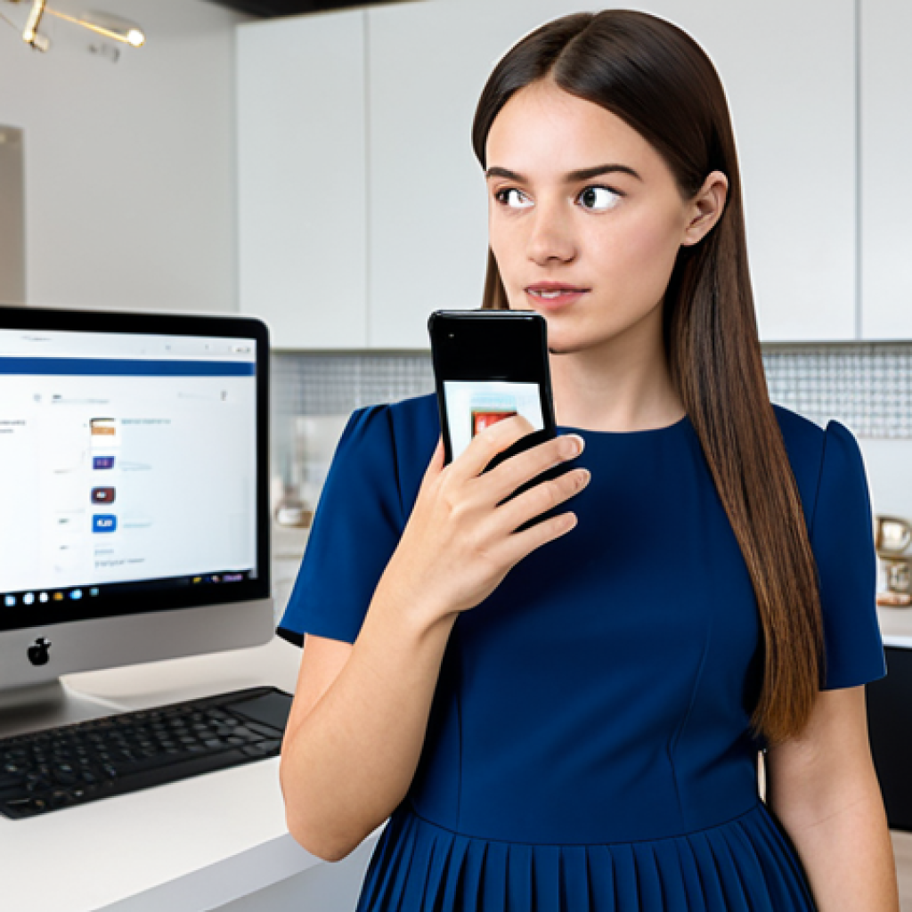 A thoughtful young adult woman, wearing a modest business casual outfit, holds a smartphone displaying a lively live stream shopping interface. Her expression is skeptical, hinting at hidden consumer traps. In the background, a laptop screen subtly shows an AI chatbot interface with generic responses, implying a lack of personalized service. The setting is a modern, clean home office. Professional photography, high quality, safe for work, appropriate content, fully clothed, modest, professional dress, perfect anatomy, correct proportions, natural pose, well-formed hands, proper finger count, natural body proportions.