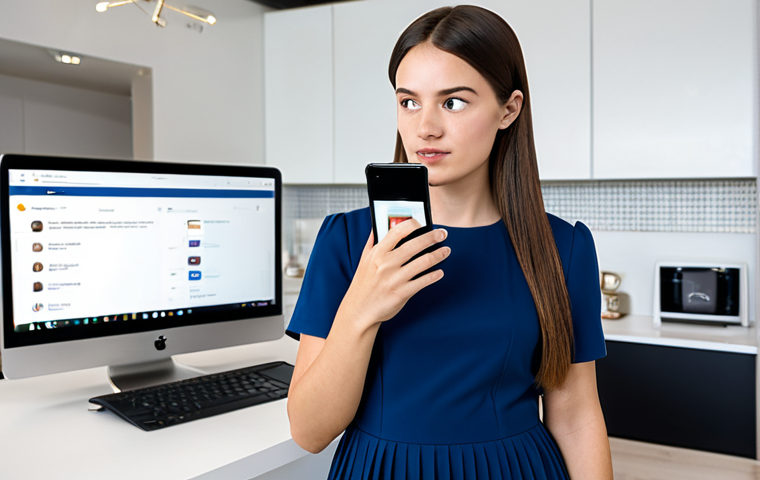 A thoughtful young adult woman, wearing a modest business casual outfit, holds a smartphone displaying a lively live stream shopping interface. Her expression is skeptical, hinting at hidden consumer traps. In the background, a laptop screen subtly shows an AI chatbot interface with generic responses, implying a lack of personalized service. The setting is a modern, clean home office. Professional photography, high quality, safe for work, appropriate content, fully clothed, modest, professional dress, perfect anatomy, correct proportions, natural pose, well-formed hands, proper finger count, natural body proportions.