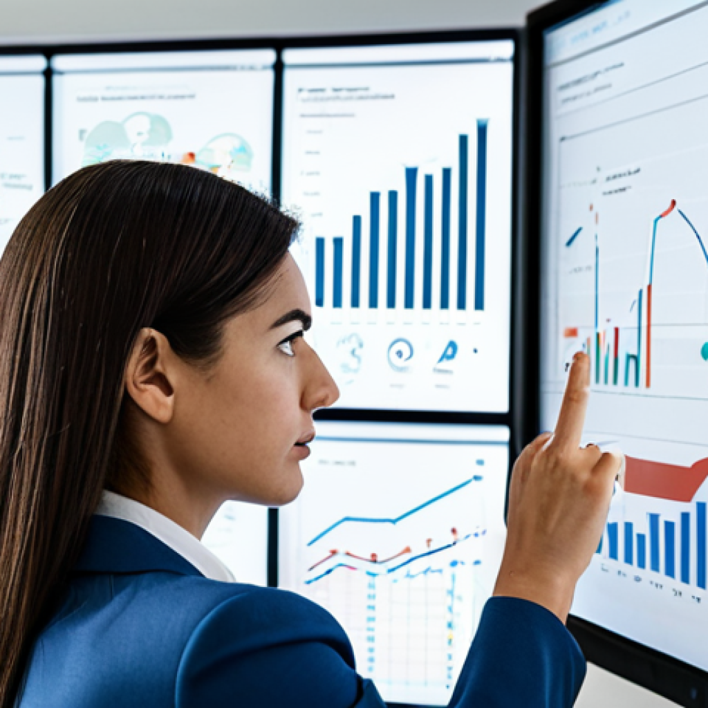 A professional female marketing analyst in a modest business suit, intently studying data visualizations on a large transparent screen in a clean, modern, brightly lit office environment. She is surrounded by abstract digital graphs and charts, representing consumer behavior insights. The image focuses on strategic thinking and data analysis. fully clothed, appropriate attire, safe for work, appropriate content, perfect anatomy, correct proportions, natural pose, well-formed hands, proper finger count, natural body proportions, professional photography, high quality.