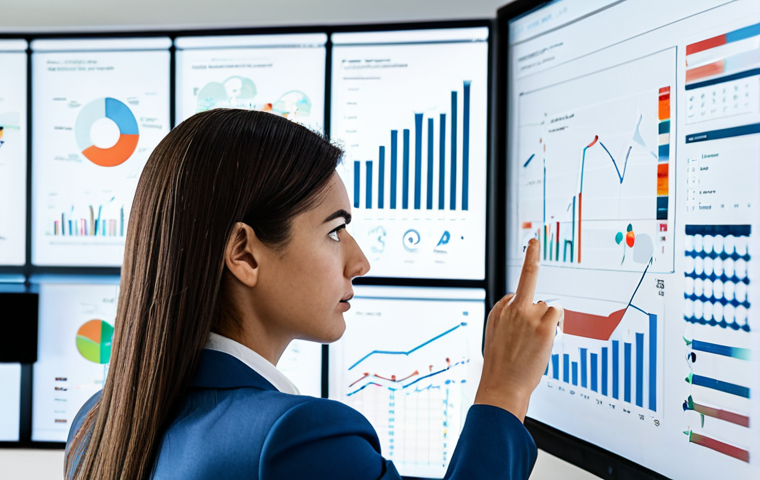 A professional female marketing analyst in a modest business suit, intently studying data visualizations on a large transparent screen in a clean, modern, brightly lit office environment. She is surrounded by abstract digital graphs and charts, representing consumer behavior insights. The image focuses on strategic thinking and data analysis. fully clothed, appropriate attire, safe for work, appropriate content, perfect anatomy, correct proportions, natural pose, well-formed hands, proper finger count, natural body proportions, professional photography, high quality.