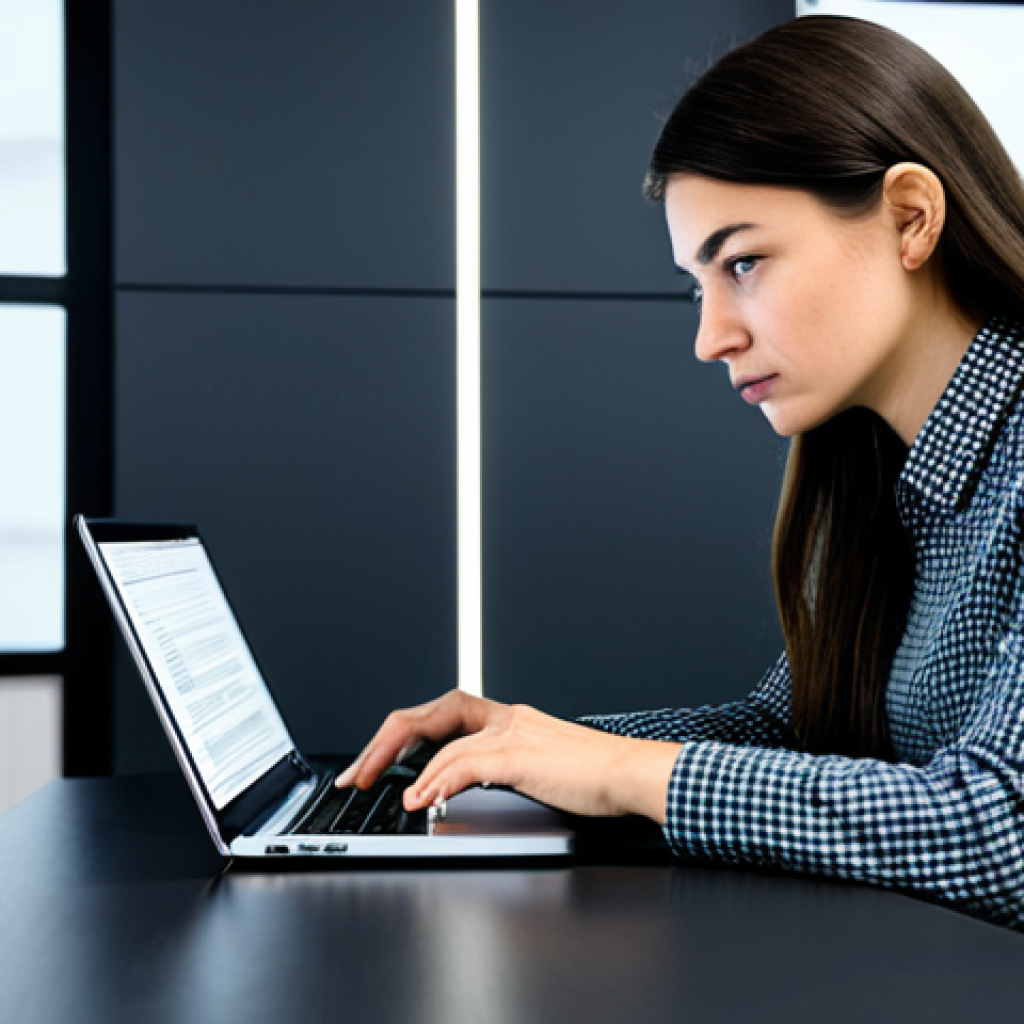 A focused professional woman, fully clothed in a modest business casual outfit, sitting at a clean, modern desk. She is intently scrutinizing a laptop screen, her expression one of careful concentration mixed with slight determination. The screen displays a complex digital interface with small, almost hidden text and subtly pre-selected options, hinting at "dark patterns" in online transactions. The background is a bright, organized contemporary office space. The scene emphasizes consumer vigilance in the face of confusing digital design. safe for work, appropriate content, fully clothed, professional, perfect anatomy, correct proportions, natural pose, well-formed hands, proper finger count, natural body proportions, high-quality professional photography.