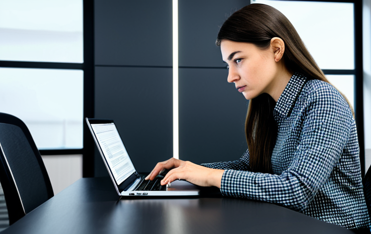 A focused professional woman, fully clothed in a modest business casual outfit, sitting at a clean, modern desk. She is intently scrutinizing a laptop screen, her expression one of careful concentration mixed with slight determination. The screen displays a complex digital interface with small, almost hidden text and subtly pre-selected options, hinting at "dark patterns" in online transactions. The background is a bright, organized contemporary office space. The scene emphasizes consumer vigilance in the face of confusing digital design. safe for work, appropriate content, fully clothed, professional, perfect anatomy, correct proportions, natural pose, well-formed hands, proper finger count, natural body proportions, high-quality professional photography.