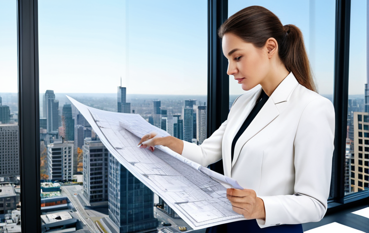 **

A professional female architect in a modern, bright office, fully clothed in a stylish business outfit, reviewing blueprints. Large windows overlook a cityscape. Safe for work, appropriate content, professional, perfect anatomy, well-formed hands, natural pose, high quality.

**