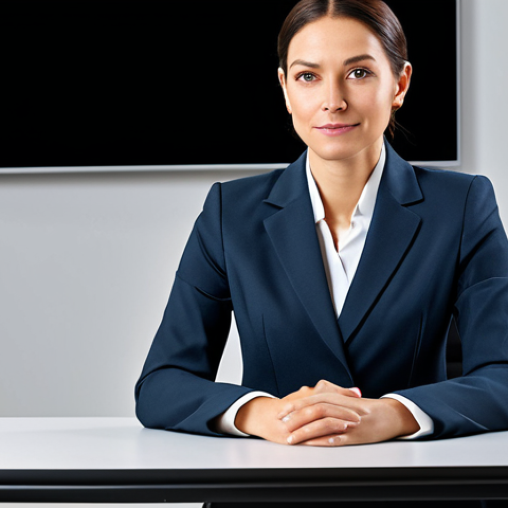 **
Professional businesswoman in a modest business suit, sitting at a desk in a modern office, fully clothed, appropriate attire, safe for work, perfect anatomy, natural proportions, professional photography, high quality.
**