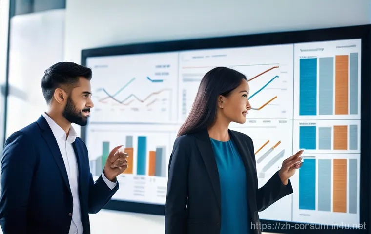 소비자 행동 분석 툴 활용법 - **Prompt:** A diverse group of four professionals, aged late 20s to early 40s, dressed in smart busi...