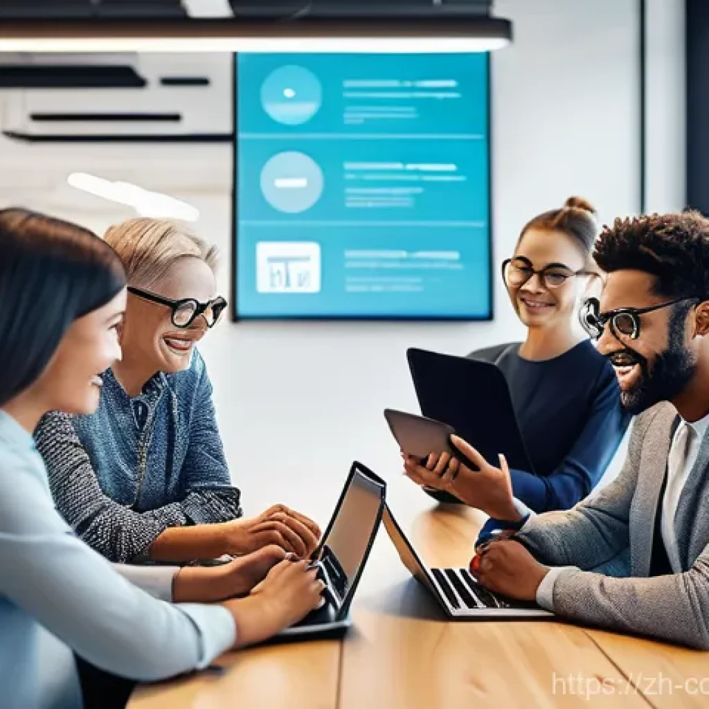 소비자중심 경영의 혁신적 접근 방법 - **Prompt:** A diverse group of adults (ages 20-50s) in a brightly lit, modern co-working space, each...