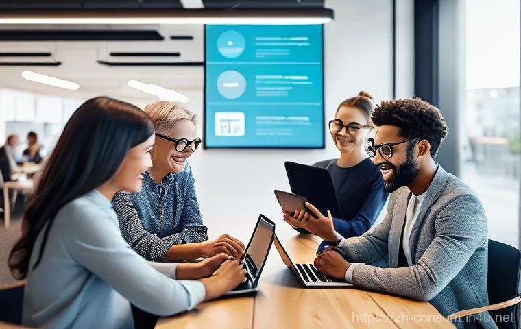 소비자중심 경영의 혁신적 접근 방법 - **Prompt:** A diverse group of adults (ages 20-50s) in a brightly lit, modern co-working space, each...