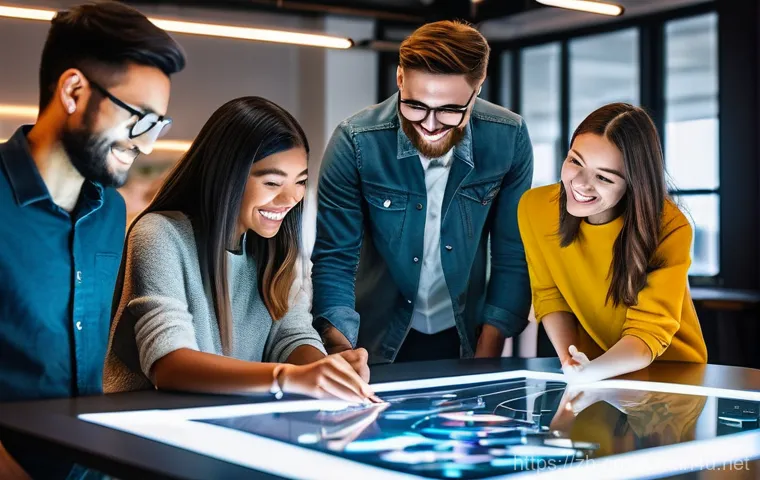 소비자중심 경영 사례와 성공 요인 분석 - **Prompt:** A diverse group of young, tech-savvy adults, dressed in stylish casual wear, gathered ar...