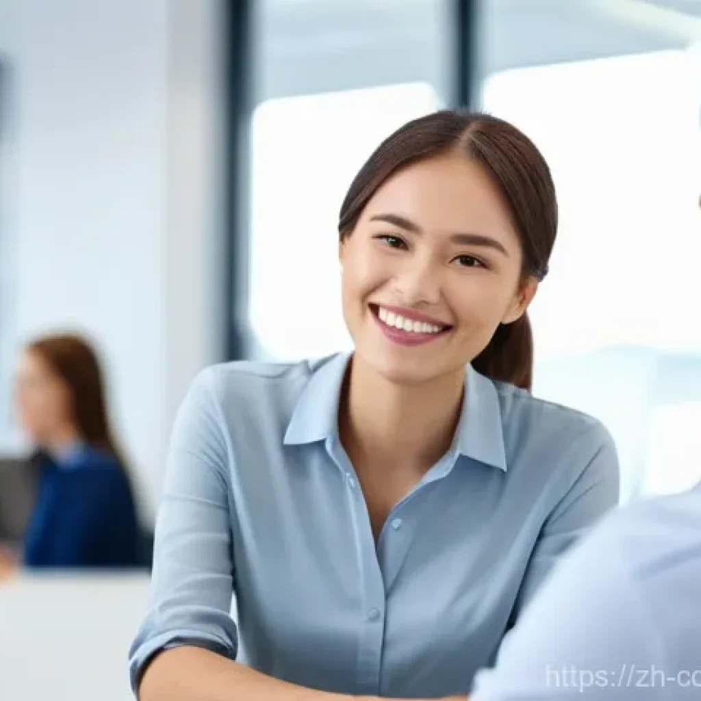 소비자 불만 처리 매뉴얼 작성법 - A professional and empathetic customer service representative, a young woman with a warm smile, acti...