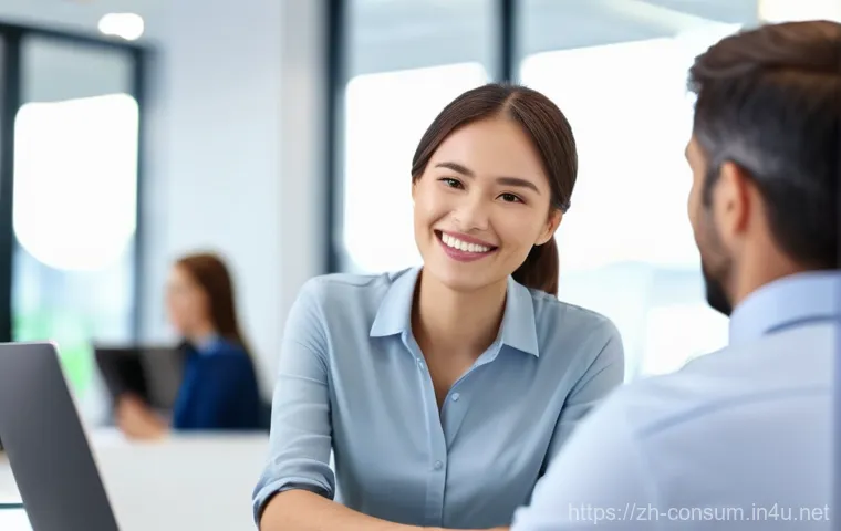 소비자 불만 처리 매뉴얼 작성법 - A professional and empathetic customer service representative, a young woman with a warm smile, acti...