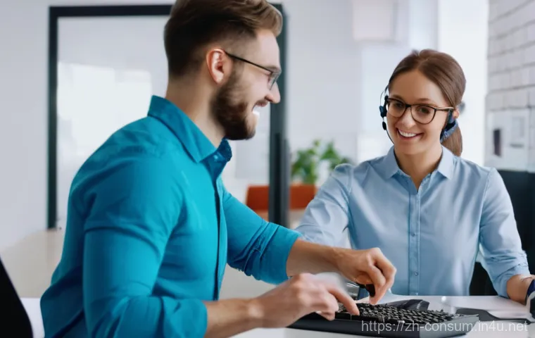 소비자 불만 처리 매뉴얼 작성법 - A professional and empathetic customer service representative, a young woman with a warm smile, acti... 소비자 불만 처리 매뉴얼 작성법 - A professional and empathetic customer service representative, a young woman with a warm smile, acti...