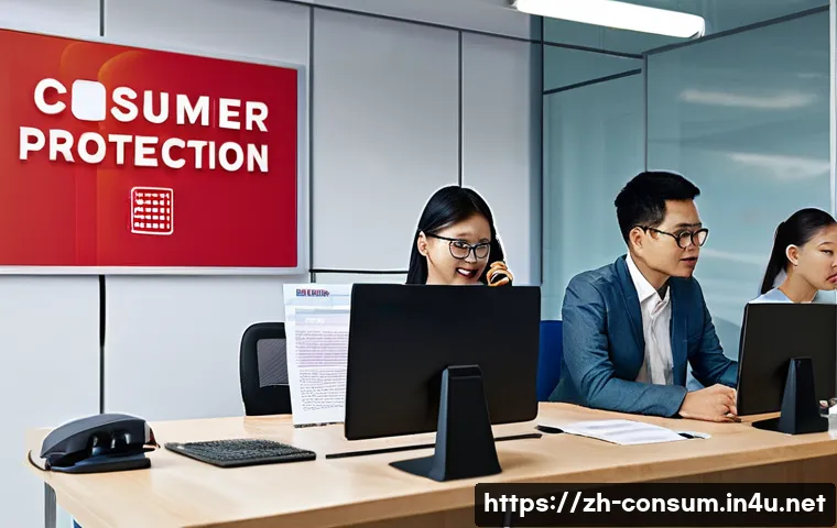 소비자 보호와 관련된 주요 연구 논문과 사례 연구와 분석 - **Prompt:** A brightly lit, modern consumer advocacy office. A diverse group of people (various ethn...