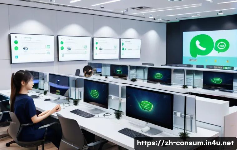 소비자 불만 사례별 대응법 - A modern digital customer service center scene in a Chinese e-commerce company, featuring diverse co...