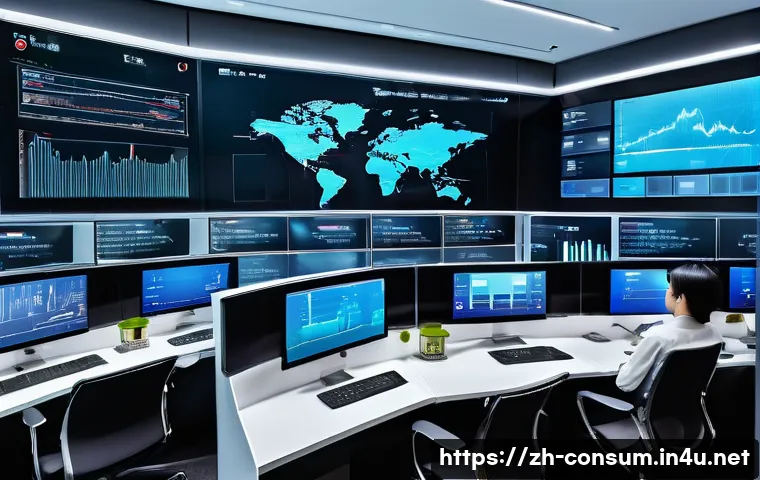 소비자 불만 관리 시스템 구축 사례 - A modern, high-tech customer service control room with multiple large digital screens showing real-t...