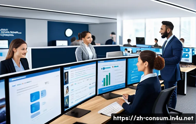 소비자 불만 처리 매뉴얼 작성 프로세스 - A modern customer service center scene showing a diverse team of professionals actively managing con...