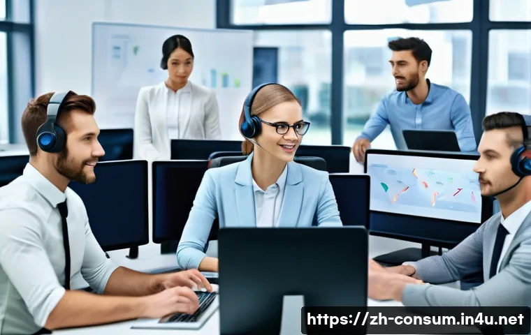 소비자 불만 처리와 문제 해결 사례 - A modern customer service center scene showing a diverse team of professional agents wearing headset...