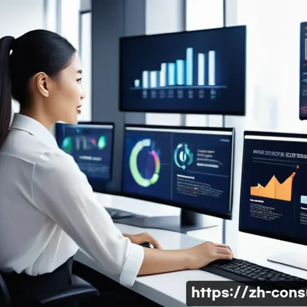 소비자중심 경영으로 성공한 기업 사례 - A modern corporate office setting showcasing a diverse team of professionals analyzing big data on m...