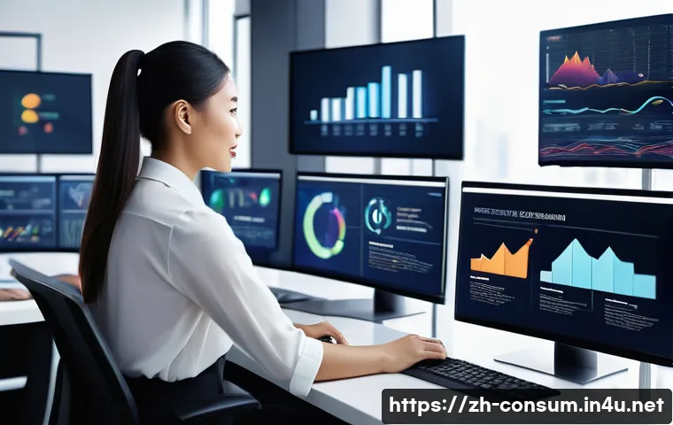 소비자중심 경영으로 성공한 기업 사례 - A modern corporate office setting showcasing a diverse team of professionals analyzing big data on m...