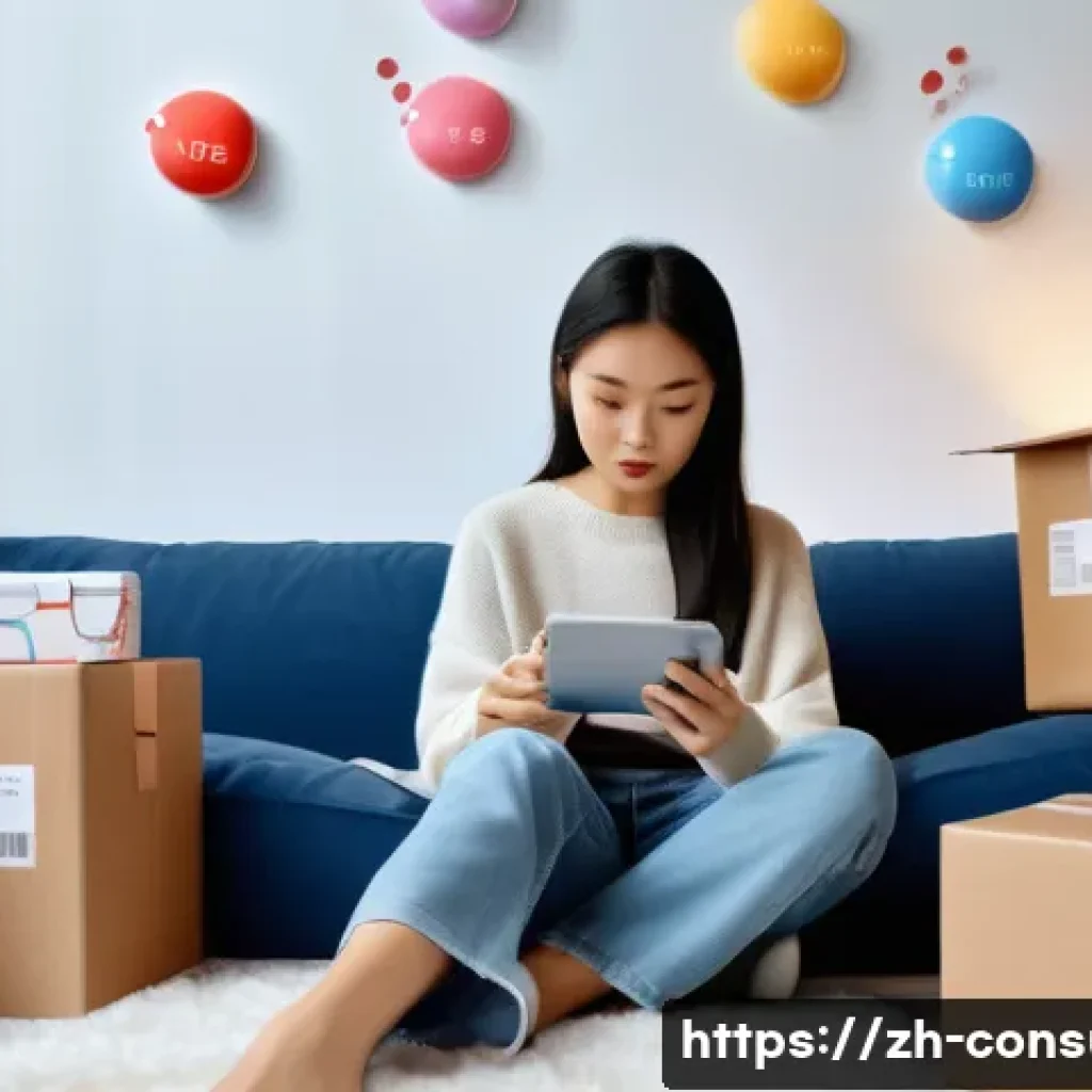 소비자 보호법 사례별 해석 - A modern urban scene depicting a young Chinese woman shopping online via smartphone in a cozy apartm...
