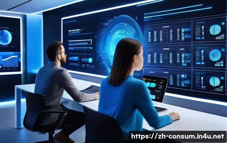 소비자 행동 데이터를 활용한 글로벌 성공 사례 연구와 분석 - A futuristic data analytics control room with large transparent digital screens displaying multi-dim...