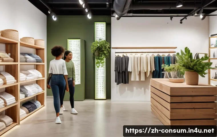 소비자 행동 데이터를 활용한 지속 가능성 혁신 전략 연구와 분석 - A modern sustainable clothing store interior scene showing diverse consumers browsing eco-friendly a...