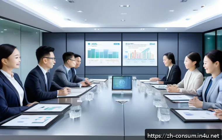 소비자 보호와 윤리적 경영의 관계 - A modern corporate office scene showcasing diverse employees collaborating around a large table, wit...