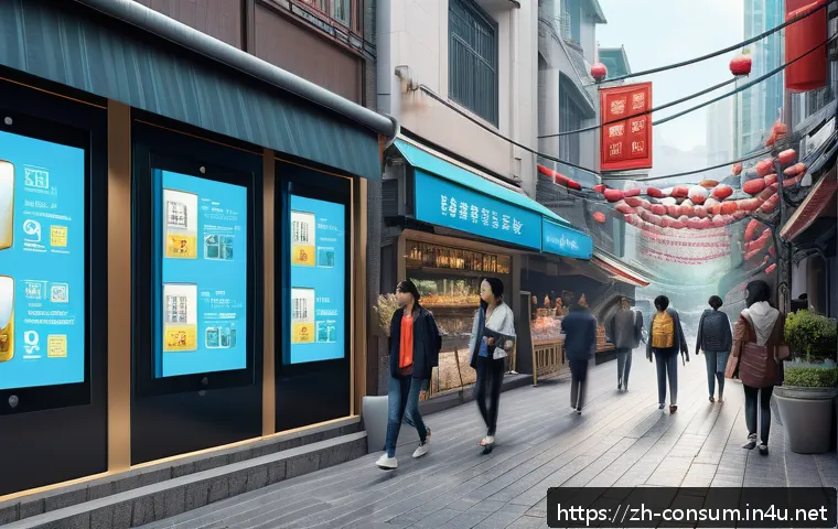 소비자 보호 관련 연구 보고서 리뷰 - A futuristic digital marketplace scene in a modern Chinese city, showcasing diverse consumers shoppi...