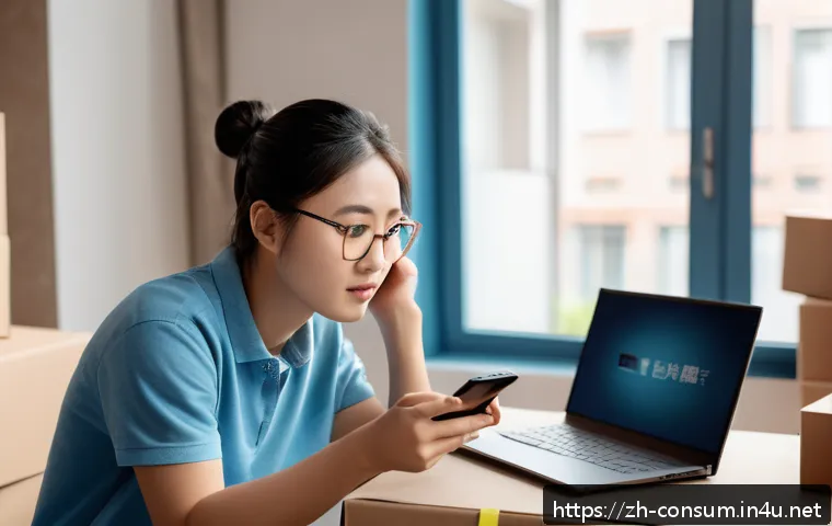 소비자 보호와 관련된 사례 연구 - A modern e-commerce dispute scene showing a young Chinese consumer in casual clothing carefully exam...