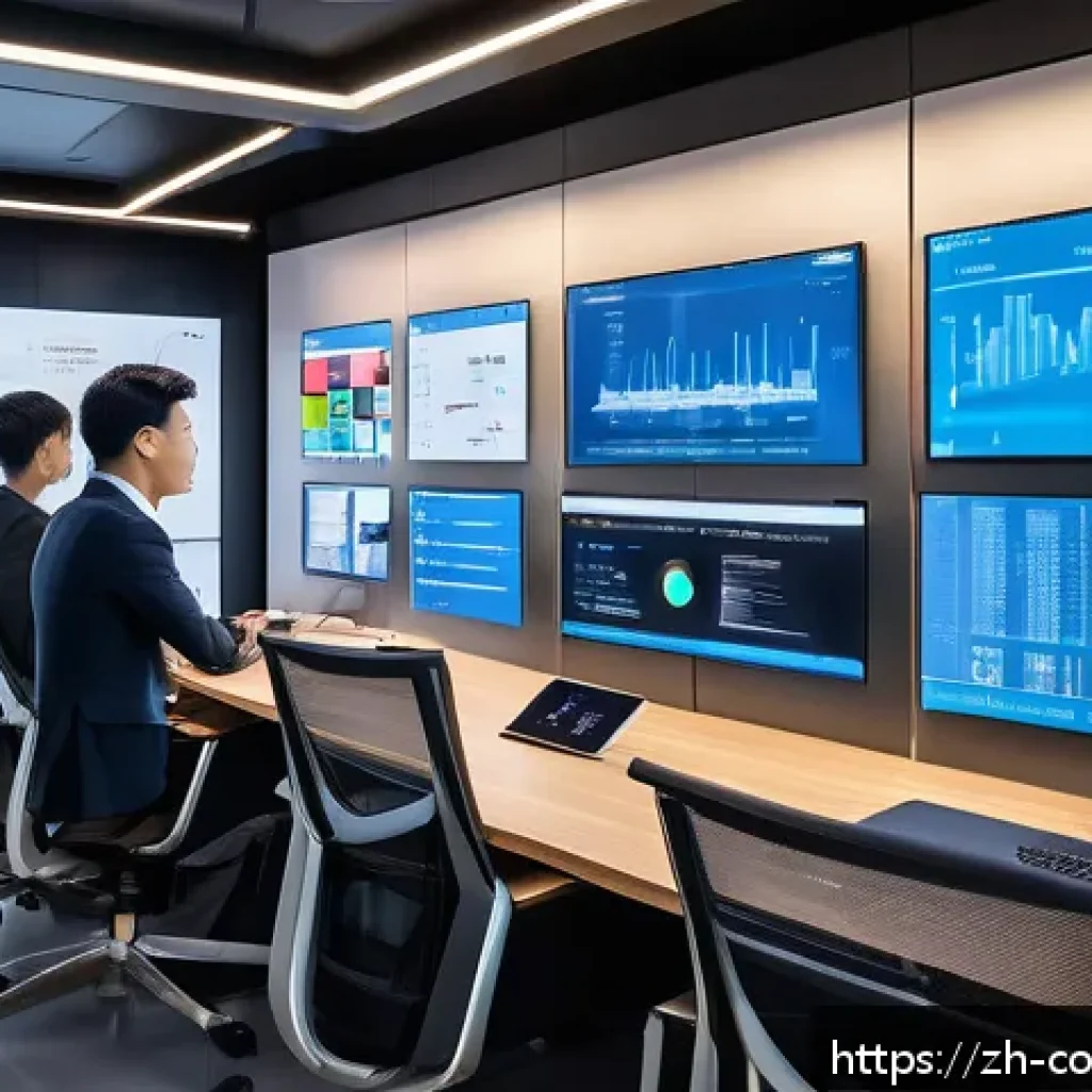 소비자중심 경영 사례와 관련된 주요 성공 요인 분석 - A modern digital marketing control room with multiple large transparent screens displaying real-time...