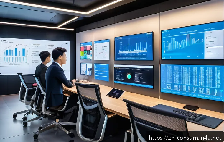 소비자중심 경영 사례와 관련된 주요 성공 요인 분석 - A modern digital marketing control room with multiple large transparent screens displaying real-time...