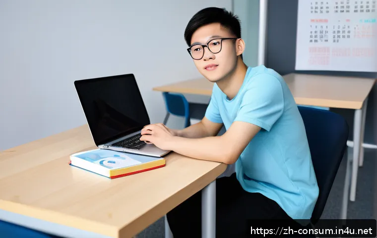 소비자전문기술사 자격증 취득 과정 - A modern study room scene featuring a young Chinese adult student sitting at a sleek desk with multi...