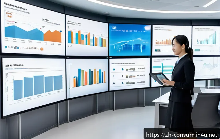 소비자 행동 데이터를 활용한 비즈니스 혁신 - A modern data analytics control room with large transparent digital screens displaying multi-dimensi...