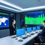 소비자 행동 데이터를 활용한 미래 전망 - A futuristic marketing control room filled with large transparent screens displaying dynamic consume...