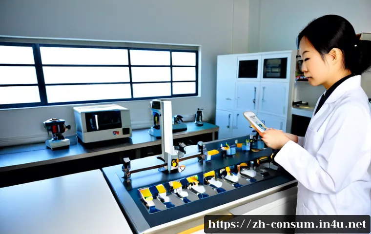 소비자전문기술사의 주요 역할과 책임 - Photorealistic consumer safety specialist in a modern product testing laboratory, carefully examinin...